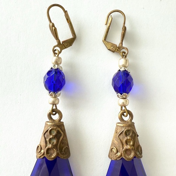 Art Deco Blue Czech Glass Teardrop Dangle Earrings - Picture 3 of 5